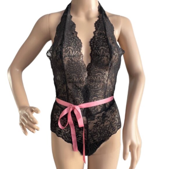 LA VIE EN ROSE Lace one piece lingerie / bodysuit / black + pink / Size S-M - Picture 1 of 9